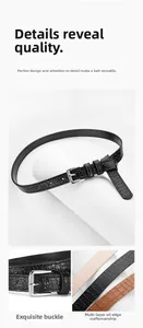 Detail showing high-quality silver metal buckle and croc-embossed leather belt for women