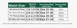 Size chart showing waist measurements, pants sizes, and corresponding belt lengths for women