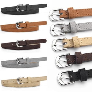 Simple suede skinny belts for women in five colors with polished silver oval metal buckles