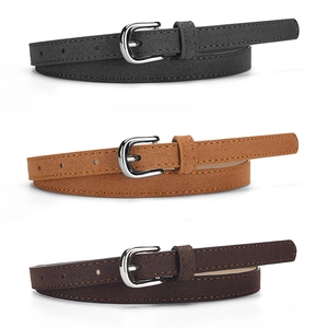 Three minimalist suede belts for women in black, tan and brown with silver buckles