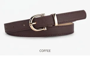 Detail view of coffee brown thin leather belt with golden horsebit buckle and stitching