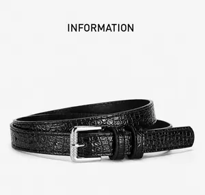 Close-up of black alloy pin buckle belt featuring premium crocodile texture detail