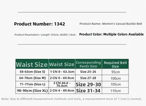 Size chart for women's buckle belt showing length options from 95cm to 110cm in detail