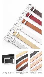 Detailed views of minimalist leather belts with silver buckles and multi-color material options
