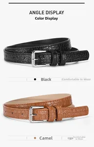 Detail view of crocodile embossed belts with silver textured square pin buckles