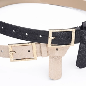 Ceinture fine en similicuir pour femme avec motif crocodile et boucle dorée