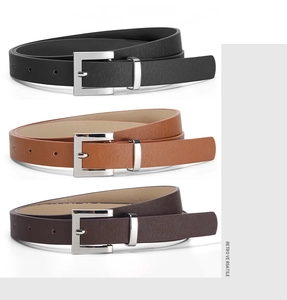 Detailed view of women's leather belts in black, brown and tan with silver buckles