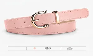 Pink slim fashion belt for women featuring a polished gold horseshoe buckle and stitching