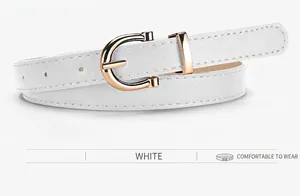 Detail view of white thin faux leather belt with golden horseshoe D-ring metal buckle