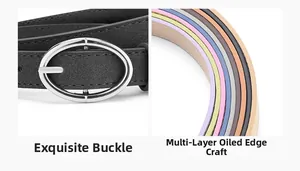 Detail of silver oval pin buckle and vibrant multi-color painted edges of slim PU belts
