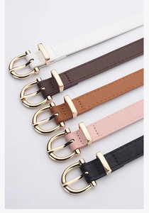 Detail of five colored skinny belts with golden horseshoe buckles and leather texture