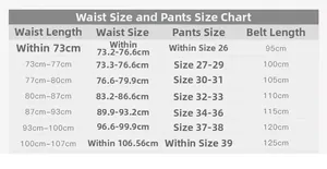 Size chart showing waist measurements and belt length guide for women trousers