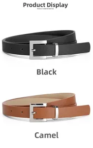 Close-up of minimalist black and camel leather belts with silver square buckles