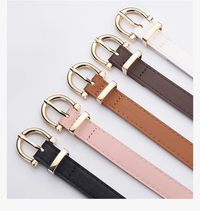 Detail view of five assorted color skinny belts with elegant golden D-shape metal buckles