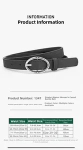 Size chart for women's frosted PU leather belt with oval buckle and width of 1.8 cm