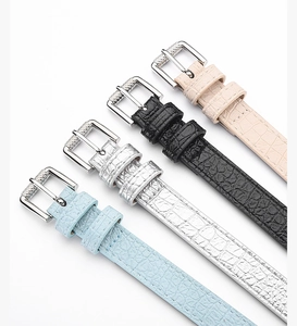 Detail of crocodile embossed leather belts in multiple colors with silver pin buckles