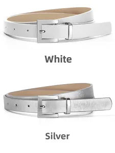 Detailed view of women's minimalist leather belts in white and silver with square buckles