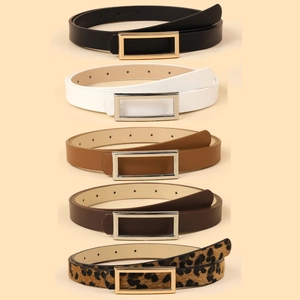 Detailed collection of slim women's belts in five colors with simple rectangular buckles