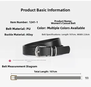 Detail view of black PU leather belt with silver pin buckle measuring 107cm by 2.8cm
