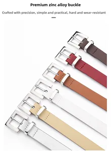 Detailed view of six colors of slim leather belts with silver alloy square buckles
