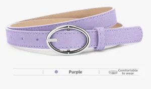 Detail of purple suede leather belt with a polished silver oval metal buckle