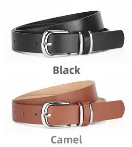 Close-up of black and camel leather belts featuring polished silver-tone pin buckles