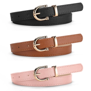 Minimalist women's thin leather belts with gold D-rings in black, brown, and pink