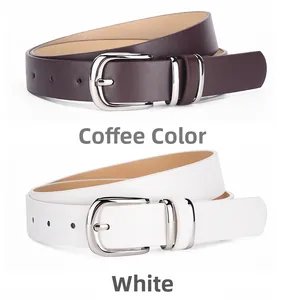 Vertical view of coffee and white women's belts with elegant silver D-ring buckles