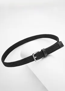Detail view of black woven elastic belt with silver pin buckle for children and students