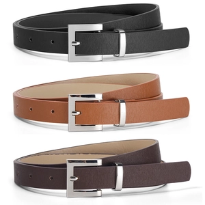 Women Minimalist Faux Leather Belt With Silver Alloy Buckle Sophisticated Solid Thin Waist Belt For Jeans Dresses Daily Casual