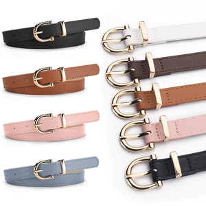 Women slim faux leather belts with golden horseshoe buckle in multiple colors
