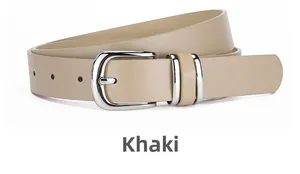 Detail view of the khaki leather belt with silver pin buckle and three pre-punched holes