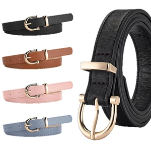 Minimalist faux leather skinny belt for women with U-shaped gold buckle in four colors