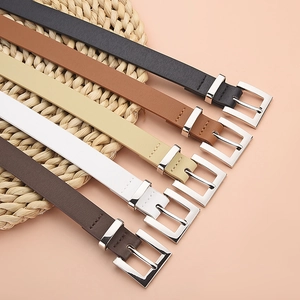 Minimalist slim leather belt set for women with square silver buckles in five colors