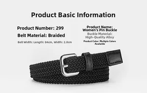 Detail view of black woven elastic belt with silver buckle and size dimensions