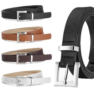 Set of four minimalist women's leather belts with polished silver buckles in various colors