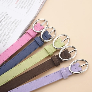 Set of five colorful matte PU skinny belts for women with polished oval metal buckles