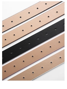 Detail view showing multi-hole adjustable leather belts in black, pink, and khaki shades