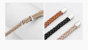 Détail de ceintures tressées fines avec boucles argentées en beige, noir et marron foncé