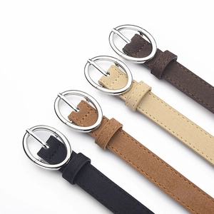 Minimalist frosted PU leather skinny belts for women with oval silver metal buckles