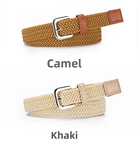 Elastic braided kids belts in camel and khaki colors with silver metal pin buckles