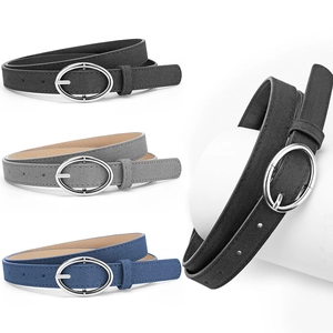 Minimalist matte PU leather skinny belt with oval silver buckle in black, gray, and blue