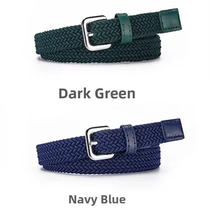Detail of dark green and navy blue elastic woven belts with silver metal needle buckles