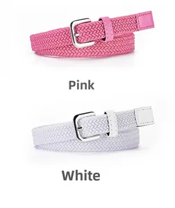 Detail of woven elastic belts in rose red and white with silver square metal buckles