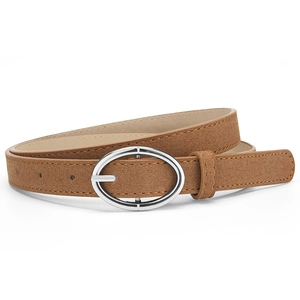 Minimalist tan suede PU leather belt for women with silver oval buckle for casual jeans