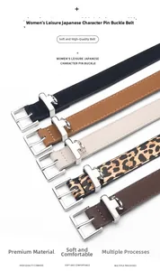 Close-up of assorted genuine cowhide leather belts with square metal buckles in five colors