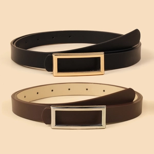 Women's minimalist leather belts with gold and silver rectangular buckles in black and brown