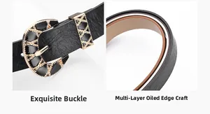 Detailed view of women's vintage PU leather belt with golden buckle and refined edge oiling