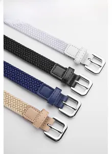 Detail of stretch woven belts for kids with zinc alloy pin buckles in four colors