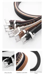 Detailed close-up of square alloy buckle and multi-layered oiled edges on the leather belt
